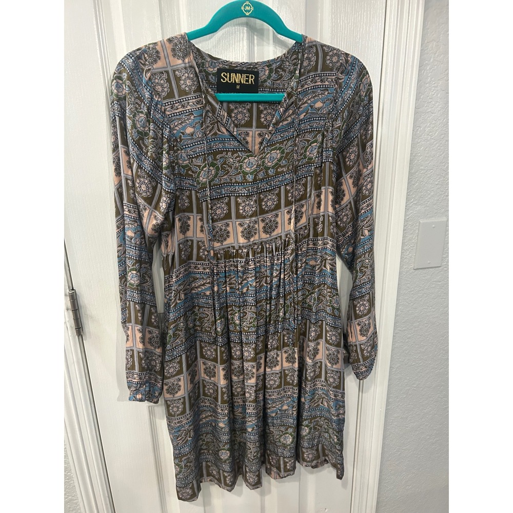 Sunner Silk Mini Dress Multi Color Floral Tile Print Boho Long Sleeve V-Neck M